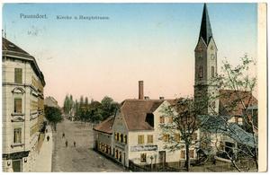 Paunsdorf: Kirche u. Hauptstraße, Ansichtskarte um 1915