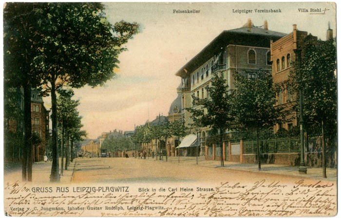 Carl Heine Straße: in der Bildmitte befindet sich die ehemalige Leipziger Vereinsbank, Ansichtskarte um 1904