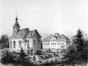 Die Marienkirche und das Herrenhaus des Ritterguts "unteren Teils" um 1855