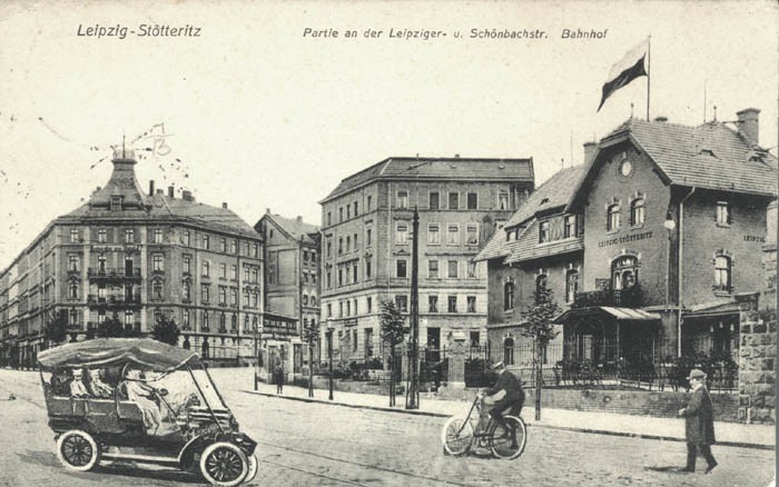 Leipzig-Stötteritz: Partie an der Leipziger- u. Schönbachstr., Bahnhof, Ansichtskarte um 1907