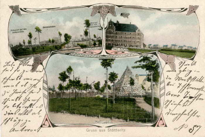 Gruß aus Stötteritz: Neuer Schmuckplatz, Neue Schule, Steinpyramide, Ansichtskarte um 1905