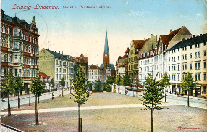 Lindenauer Markt und Nathanaelkirche, Ansichtskarte um 1918, IfL: PKL-Lind035 Lindenauer Markt und Nathanaelkirche, Ansichtskarte um 1918