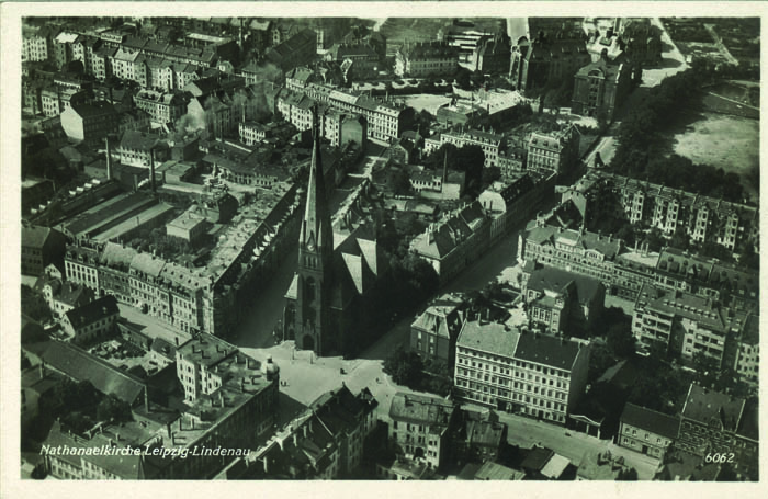 Nathanaelkirche: Luftaufnahme, Ansichtskarte um 1930, IfL: PKL-Lind063 Nathanaelkirche: Luftaufnahme, Ansichtskarte um 1930
