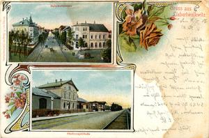 Gruss aus Liebertwolkwitz: Bahnhofstrasse, Stationsgebäude, Ansichtskarte um 1905, IfL: PKL-Liebert026 Gruss aus Liebertwolkwitz: Bahnhofstrasse, Stationsgebäude, Ansichtskarte um 1905