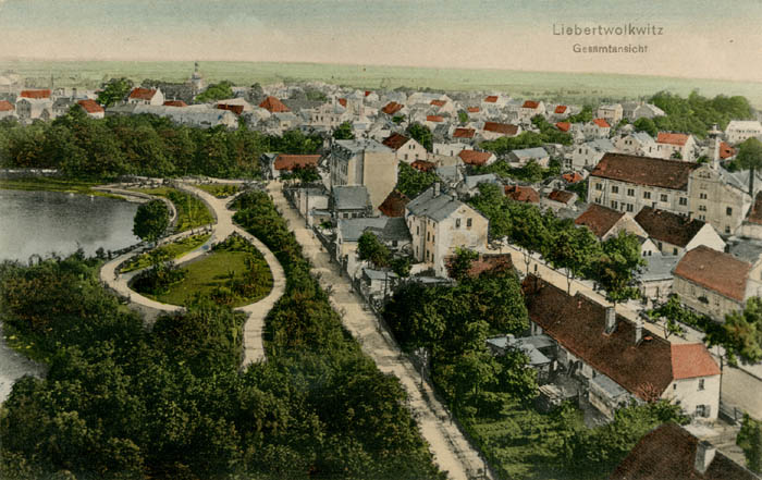 Gesamtansicht Liebertwolkwitz vom Wasserturm aus gesehen, Ansichtskarte um 1910, IfL: PKL-Liebert009 Gesamtansicht Liebertwolkwitz vom Wasserturm aus gesehen, Ansichtskarte um 1910