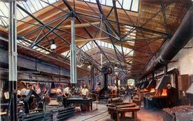 Adolf Bleichert & Co, Leipzig-Gohlis: Spezialfabrik für Transportanlagen; Schmiede, Ansichtskarte um 1910, IfL: PKL-Industr055 Adolf Bleichert & Co, Leipzig-Gohlis: Spezialfabrik für Transportanlagen; Schmiede, Ansichtskarte um 1910