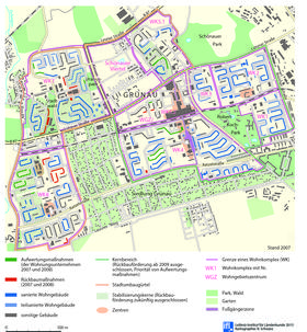 Sanierungssituation in Grünau 2007, Entwurf: Evelin Müller; Quelle: Neubearbeitung nach Stadt Leipzig, Dezernat Stadtentwicklung und Bau 2007; Kartenredaktion: Birgit Hölzel, Kartographie: Romana Schwarz Sanierungssituation in Grünau 2007