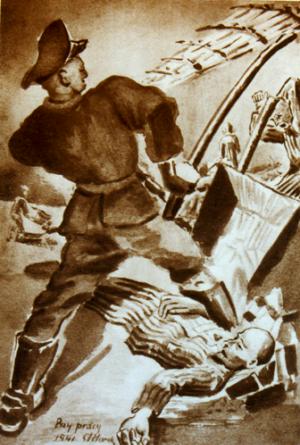 Abb. 8: „Klinkerwerk bei der Arbeit“, Zeichnung aus dem Bilderzyklus „KZ Sachsenhausen“ des polnischen Häftlings Stefan Horski, 1941