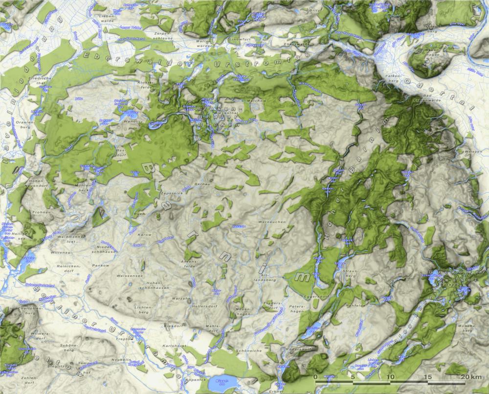 Abb. 14: Wald-Offenlandverteilung 2011 (Quelle: DLM100 des Landes Brandenburg generalisiert – Sixten Bussemer – Universität Greifswald). Um die Entwicklung der Waldentwicklung vom 11. Jahrhundert bis heute zu sehen, klicken Sie auf die erste Karte und dann auf den rechten Pfeil.