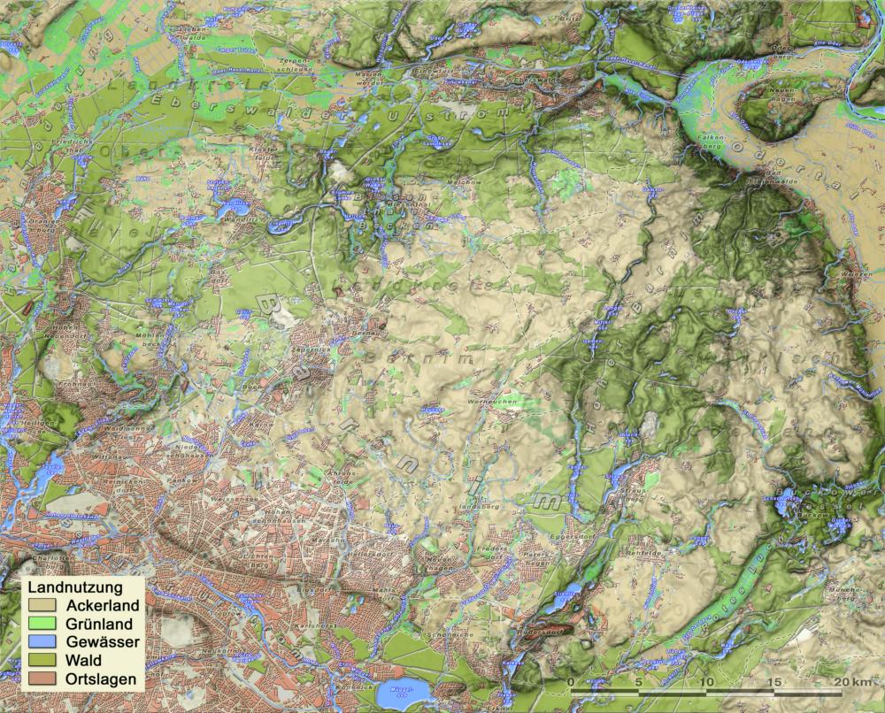 Abb. 15: Aktuelle Landnutzung (Quelle: Feldblöcke 2011 – Grünland, Ackerland – Landesumweltamt Brandenburg, Wald TK100 – Geobasisinformation Brandenburg)