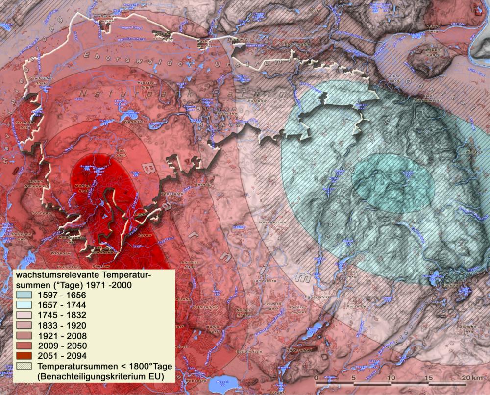 Abb. 25: Wachstumsrelevante Temperatursumme 1971–2000 (Quelle: Deutscher Wetterdienst – zusammengestellt im Rahmen des Projektes „Benachteiligte Gebiete in Brandenburg“ – interpoliert Joachim Kiesel – Müncheberg)