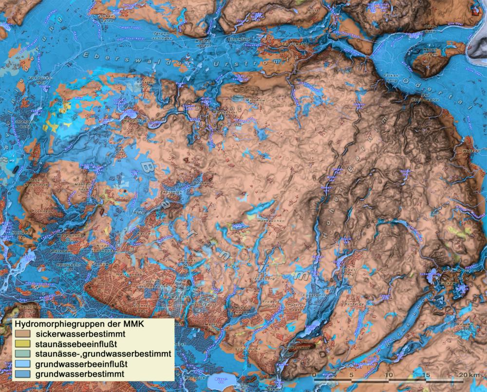 Abb. 18: Hydromorphiegruppen (Quelle: Mittelmaßstäbliche Landwirtschaftliche Standortkartierung 1974–1983 – ZALF Müncheberg, extrapoliert auf Nicht-MMK-Flächen – Joachim Kiesel – ZALF Müncheberg)