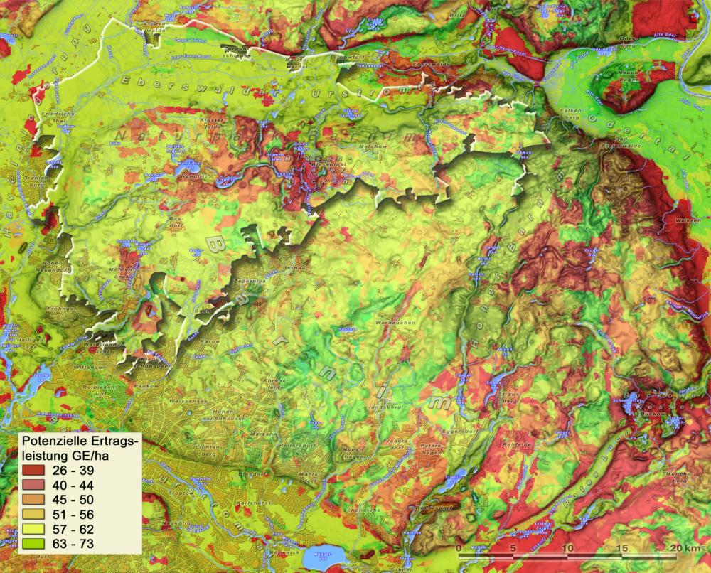 Abb. 23: Potenzielle Ertragsleistung in Getreideeinheiten (Quelle: Simulationsergebnis im Rahmen des Projektes „Benachteiligte Gebiete in Brandenburg“ 2009 – Joachim Kiesel – Müncheberg)