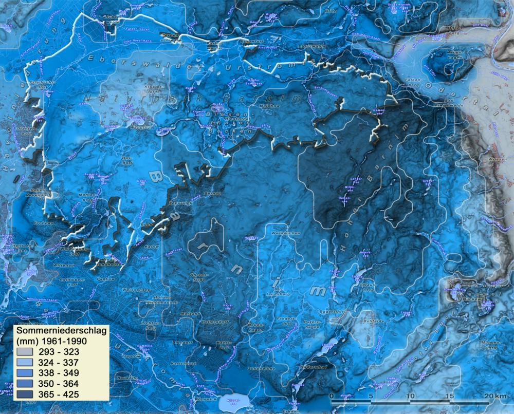 Abb. 24: Sommerniederschlag 1961–1990 (Quelle: Deutscher Wetterdienst – interpoliert Joachim Kiesel – Müncheberg)