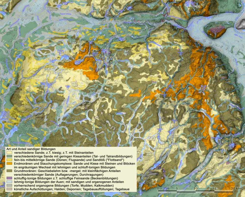 Abb. 6: Art und Anteil sandiger Bildungen (Quelle: Geologische Übersichtkarte 1:300 000 - Landesamt für Bergbau, Geologie und Rohstoffe Brandenburg, aggregiert J. Thiere, L. Lippstreu und Joachim Kiesel – ZALF Müncheberg, LBGR, Genehmigungsvermerk 177 / 98) 