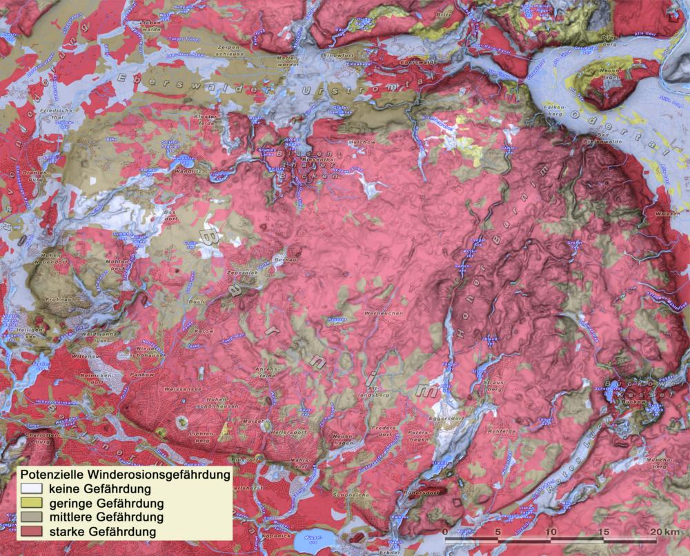 Abb. 10: Potenzielle Winderosionsgefährdung (Quelle: Mittelmaßstäbliche Landwirtschaftliche Standortkartierung 1974–1983 – ZALF Müncheberg, extrapoliert auf Nicht-MMK-Flächen – Joachim  Kiesel – ZALF Müncheberg