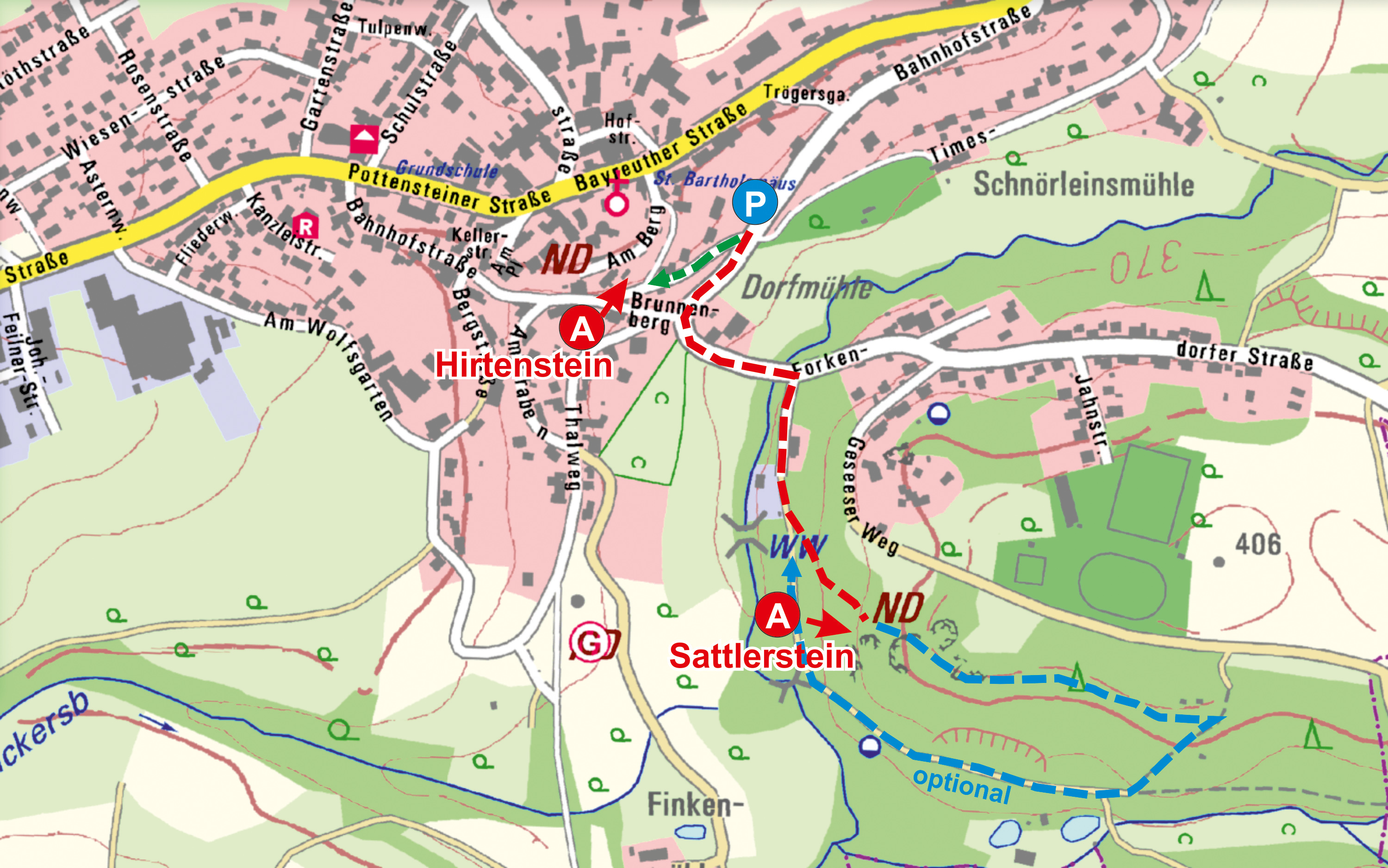Abb. 1:  Mistelbach: Parkplatz und Fußstrecken zum Hirtenstein und zum Sattlerstein.