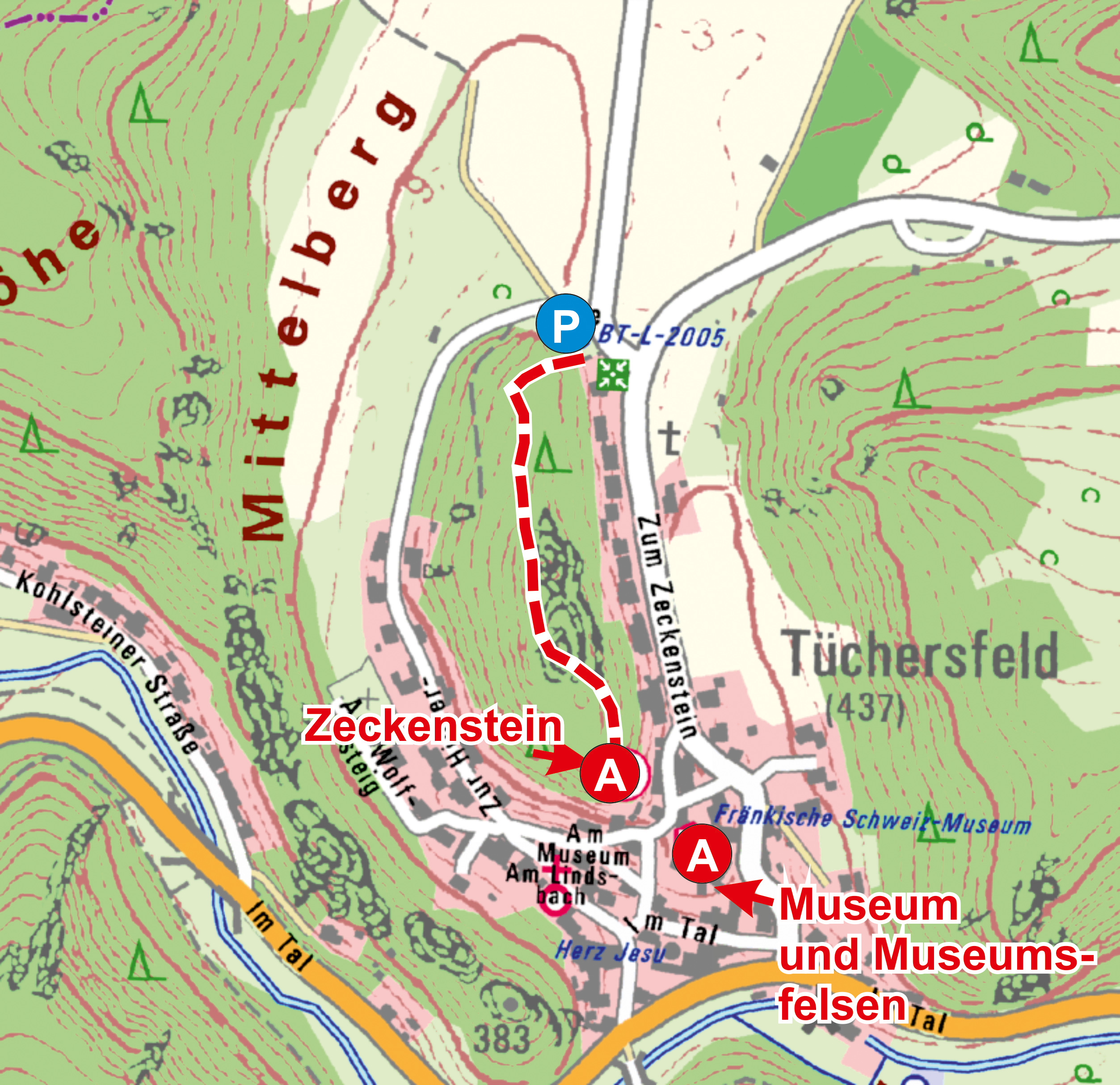 Abb. 16: Tüchersfeld: Anfahrtsparkplatz und Fußstrecke zum Zeckenstein und zum Museumsfelsen beim Judenhof