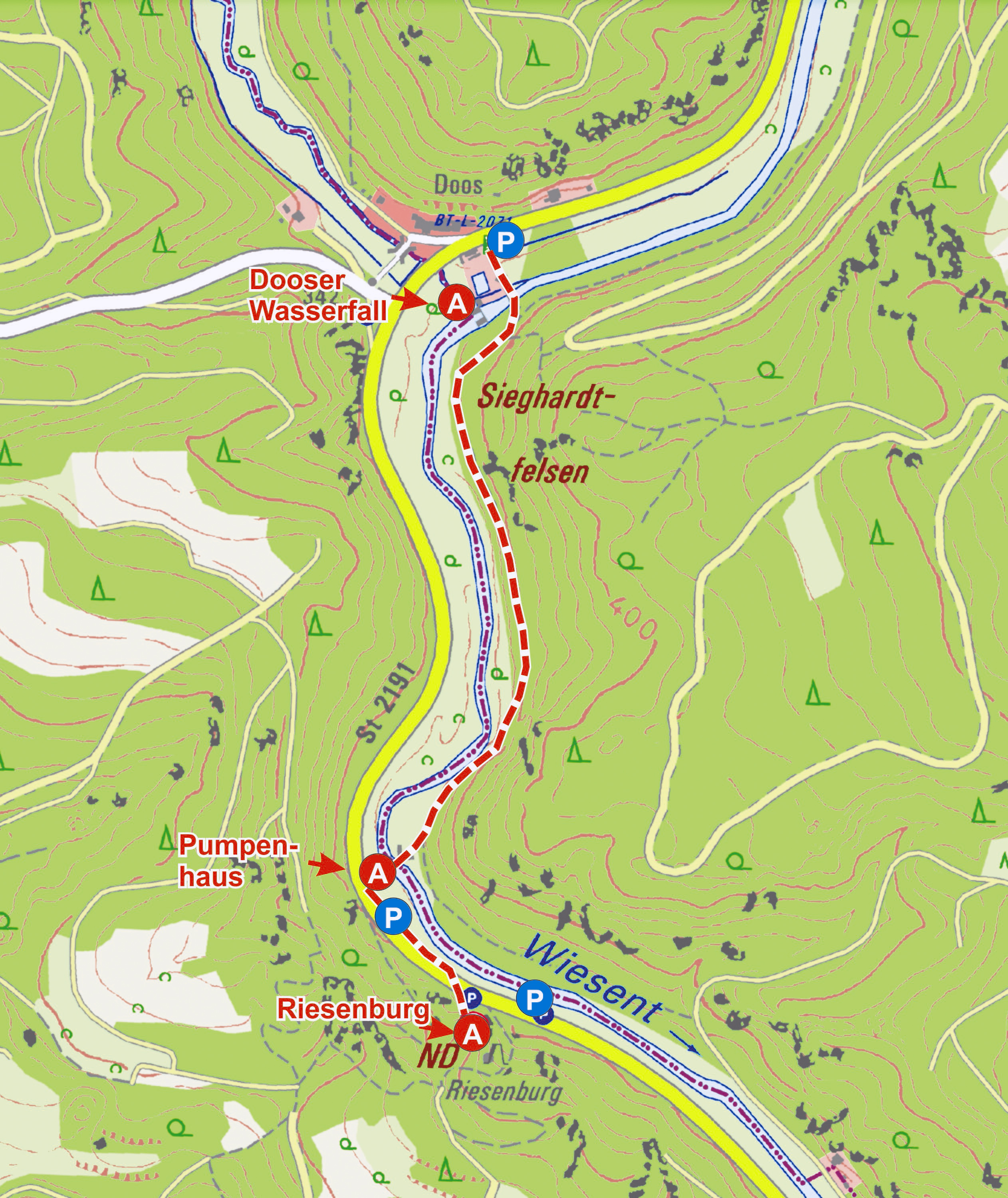 Abb. 20: Zufahrt und Fußstrecke zur Riesenburg und zum Dooser Wasserfall