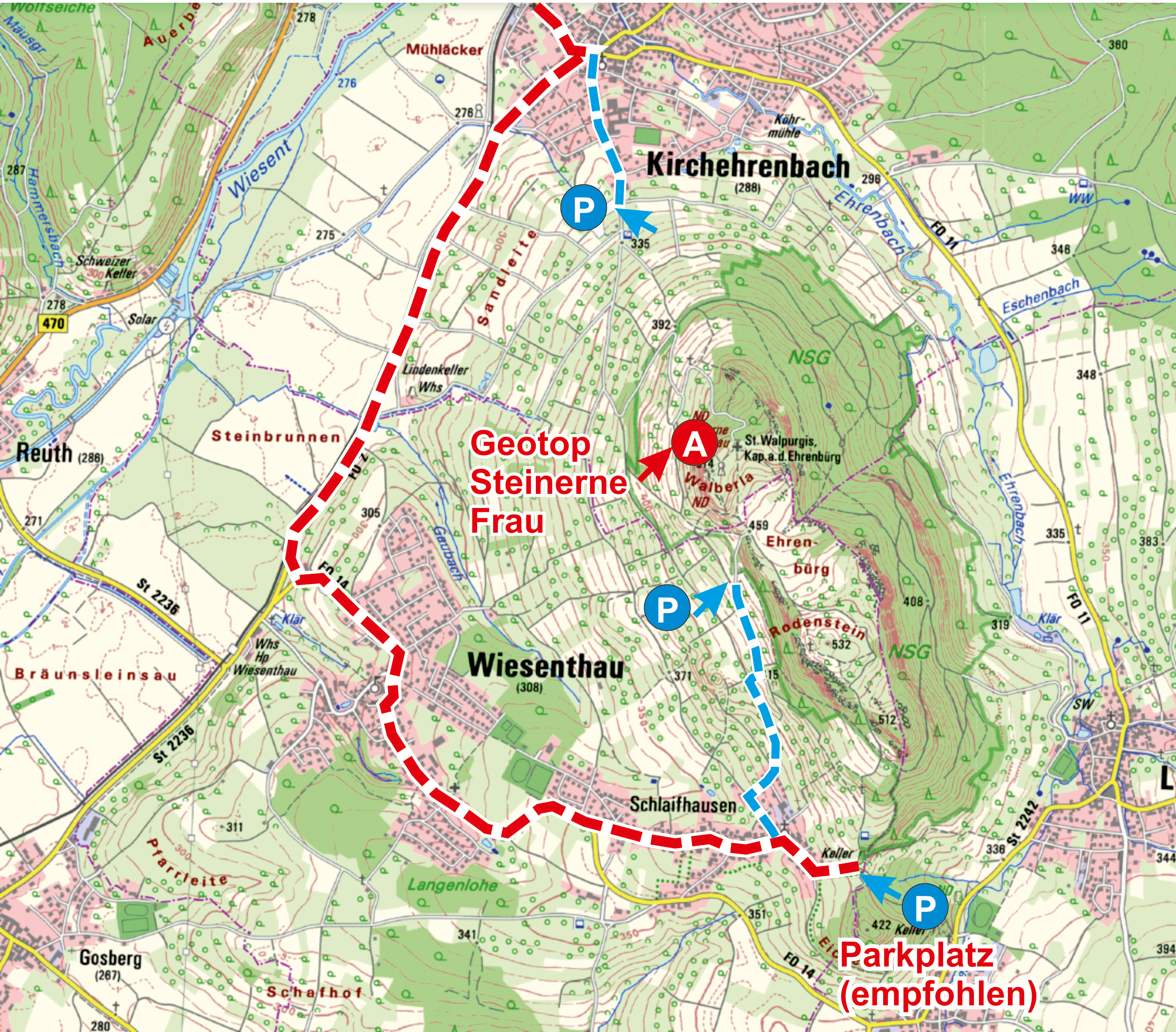Abb. 27: Zufahrt zum Walberla und Fußstrecke zum Geotop Steinerne Jungfrau