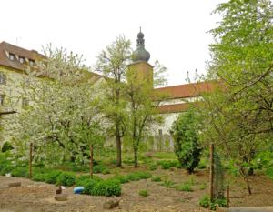 Abb. 2: Rückwärtige Ansicht der ehemaligen Klosterkirche Weißenohe mit Prälatenbau (l.)