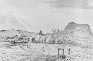Abb. 3: Blick auf Kirchehrenbach mit Walberla und Wässerwiesen, Zeichnung von Friedrich Karl Rupprecht 1820