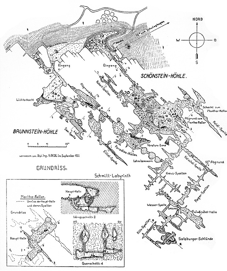 Abb. 4: Grundriss der Schönsteinhöhle und Brunnsteinhöhle bei Neudorf