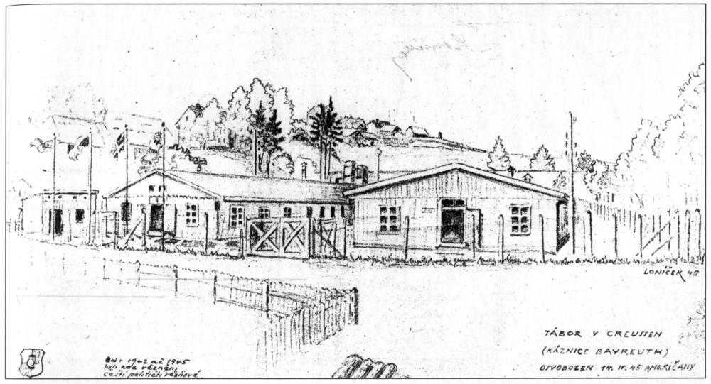Abb. 12: Barackenlager in Creußen-Thietmarsplatz für die Zwangsarbeiter von Carl Tabel, nach einer Bleistiftskizze eines tschechischen Zwangsarbeiters