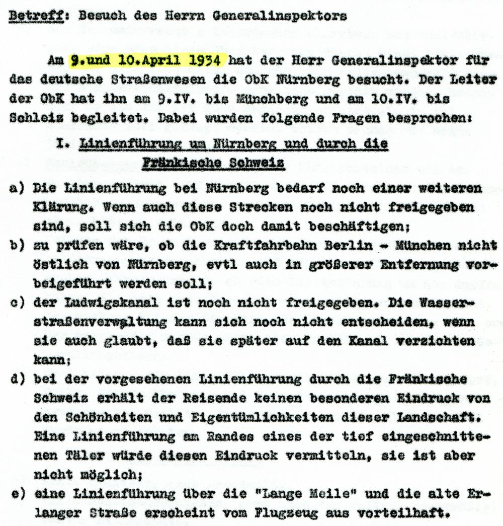 Abb. 3: Ausschnitt aus dem Bautagebuch der ObK Nürnberg vom 9. und 10. April 1934, in welchem die Diskussion mit dem Generalinspekteur für das deutsche Straßenwesen um die Linienführung der künftigen Autobahn durch die Fränkische Schweiz protokolliert wurde.