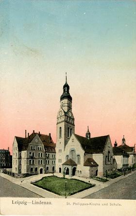 St. Philippus-Kirche und Schule, Ansichtskarte um 1915