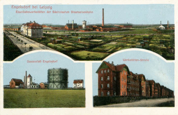 Eisenbahnwerkstätten der Sächsischen Staatseisenbahn, Gasanstalt Engelsdorf und Werkstätten-Straße, Ansichtskarte um 1929