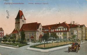 Kirche, Rathhaus und Schule, Ansichtskarte um 1915
