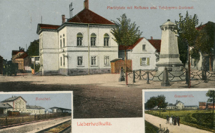 Liebertwolkwitz: Marktplatz mit Rathaus und Teichmann-Denkmal, Ansichtskarte um 1922