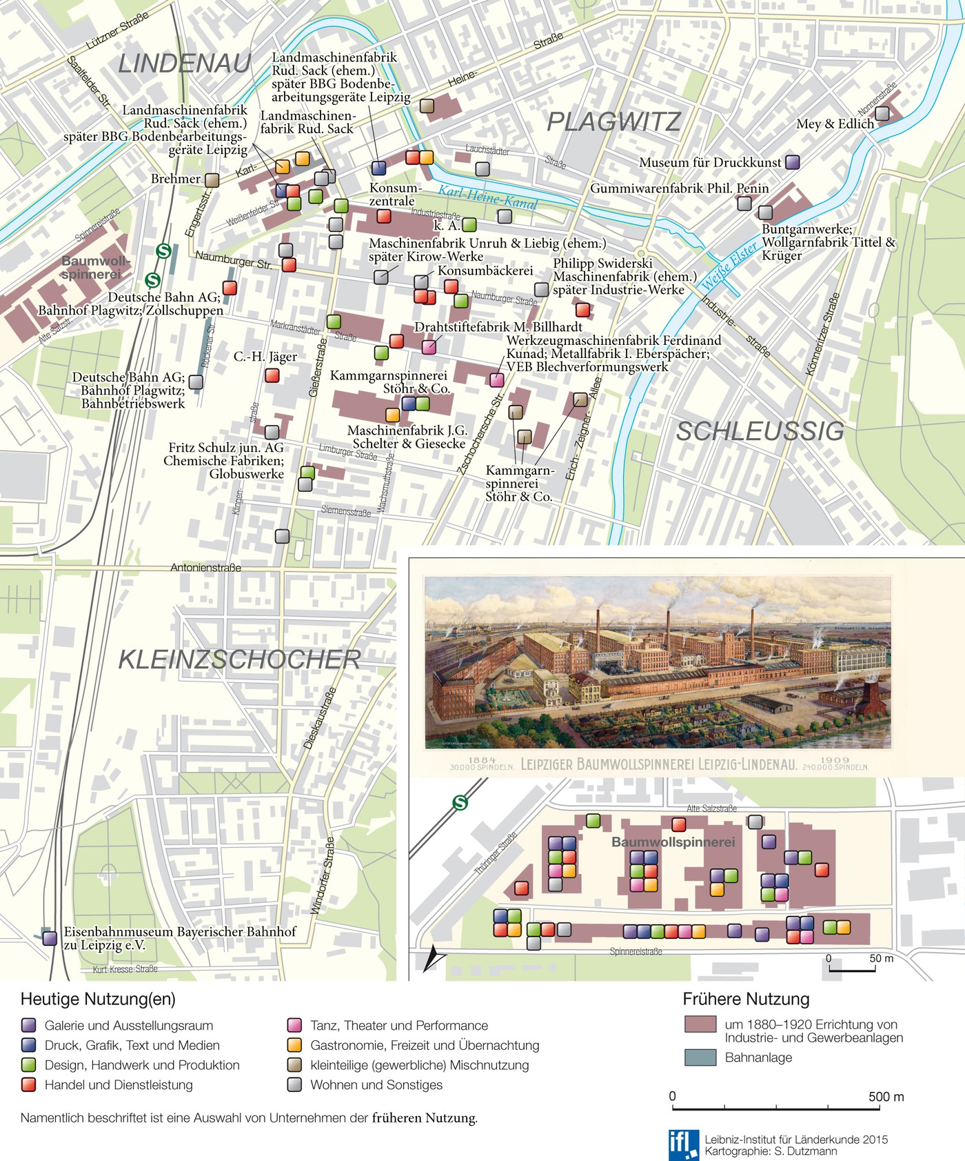 Karte ausgewählter denkmalgeschützte Gewerbe- und Fabrikgebäude in ihrer heutigen Nutzung in Plagwitz-Lindenau