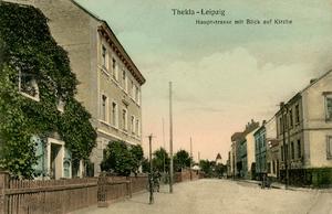 Leipzig-Thekla: Hauptstraße mit Blick auf die Kirche, Ansichtskarte um 1913