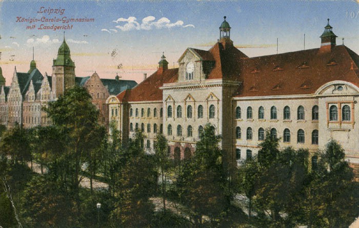 Königin-Carola-Gymnasium mit Landgericht, Ansichtskarte um 1918