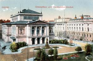 Gewandhaus und Universitätsbibliothek, Ansichtskarte um 1910
