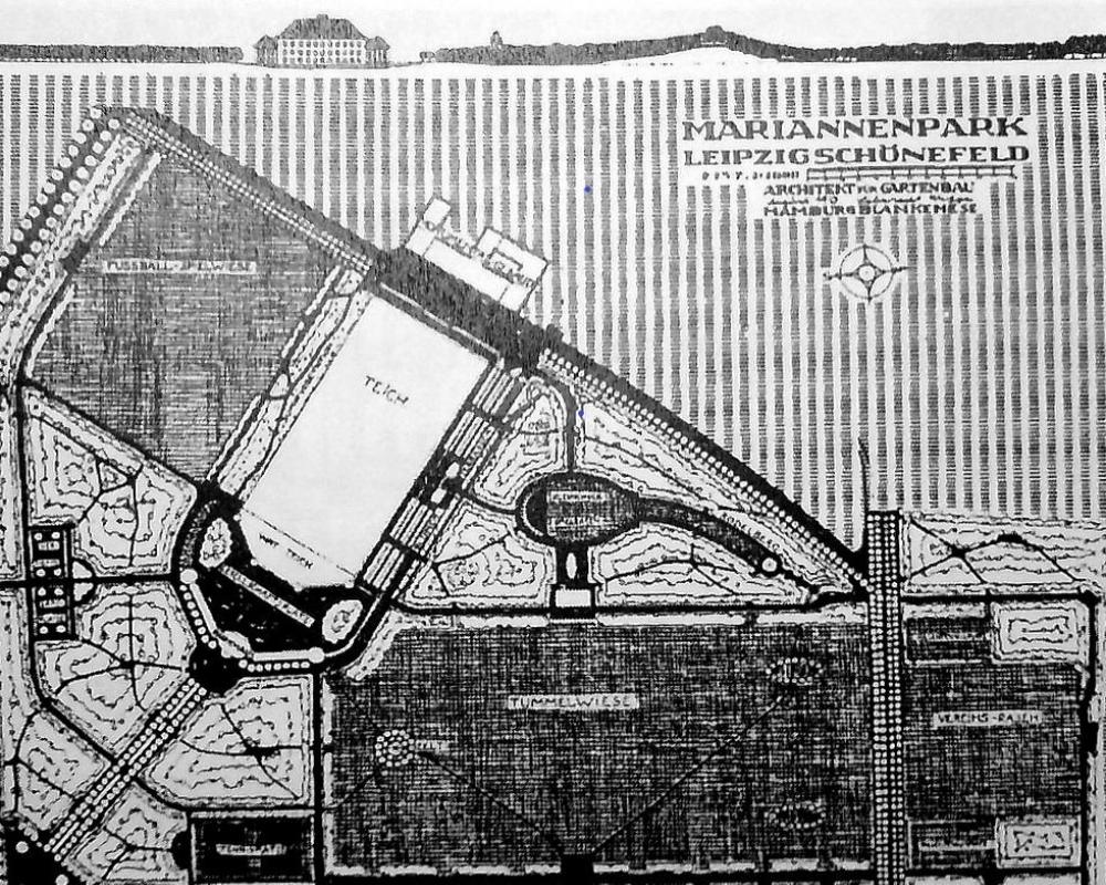 Abb. 2: Ursprünglicher Plan des „Volksparks Schönefeld“ von Leberecht Migge. Der Rodelberg ist auf dem Plan in etwa in seiner heutigen Form zu erkennen, während der Teich niemals umgesetzt wurde.