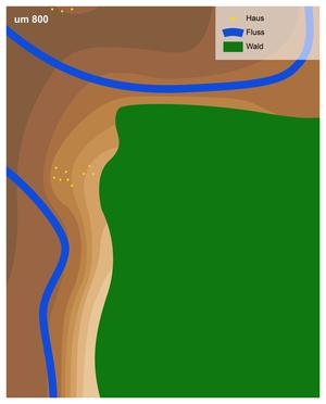 Um 800: Eine leicht erhöhte Landzunge wird im Norden und Westen von feuchten Flussniederungen begrenzt. Auf dem erhöhten Gelände wächst ein Buchenmischwald. Erste Siedlungen entstehen.