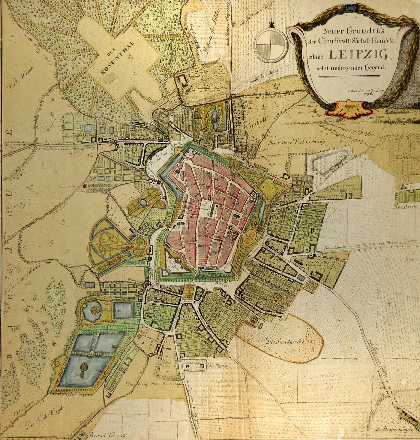 Grundriss von Leipzig aus dem Jahre 1796, J.E. Lange. Die Gartenanlagen sind hier deutlich erkennbar.