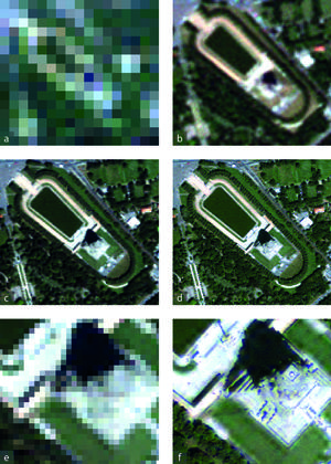 Abbildung 5: Darstellung der Detailschärfe für einen Bildausschnitt mit dem Völkerschlachtdenkmal: a) aus der LANDSAT 5 / TM Satellitenszene vom 1.5.2011, b) aus dem RapidEye-Datensatz vom 27.6.2011, c) dem IKONOS-Datensatz vom 22.7.2013 und d) dem mittels des PAN-Kanals in der Auflösung verbesserten IKONOS-Datensatz auf 1 m. e) zeigt einen Ausschnitt aus c) und f) zeigt den dazugehörigen Ausschnitt aus d)
