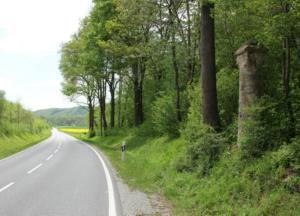 Blick auf die Landstraße 3467 in Richtung Frieda, rechts im Bild der Geleitstein