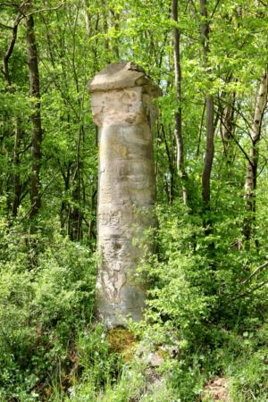 Der am Rande eines Waldstücks an der Straße Großtöpfer-Frieda stehende Geleitstein