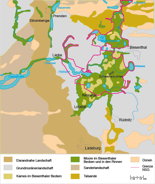 Abb. 1: Grenzen des Biesenthaler Beckens als naturschützerischer Planungsraum nach Haack (2007) vor dem Hintergrund seines eiszeitlichen Formenschatzes, generalisiert nach Marcinek u. a. (1995)