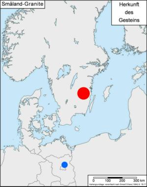 Abb. 24: Herkunftsgebiet der Småland-Granite. Vorkommen von Småland-Graniten befinden sich aber auch nördlich und südlich des roten Kreises.