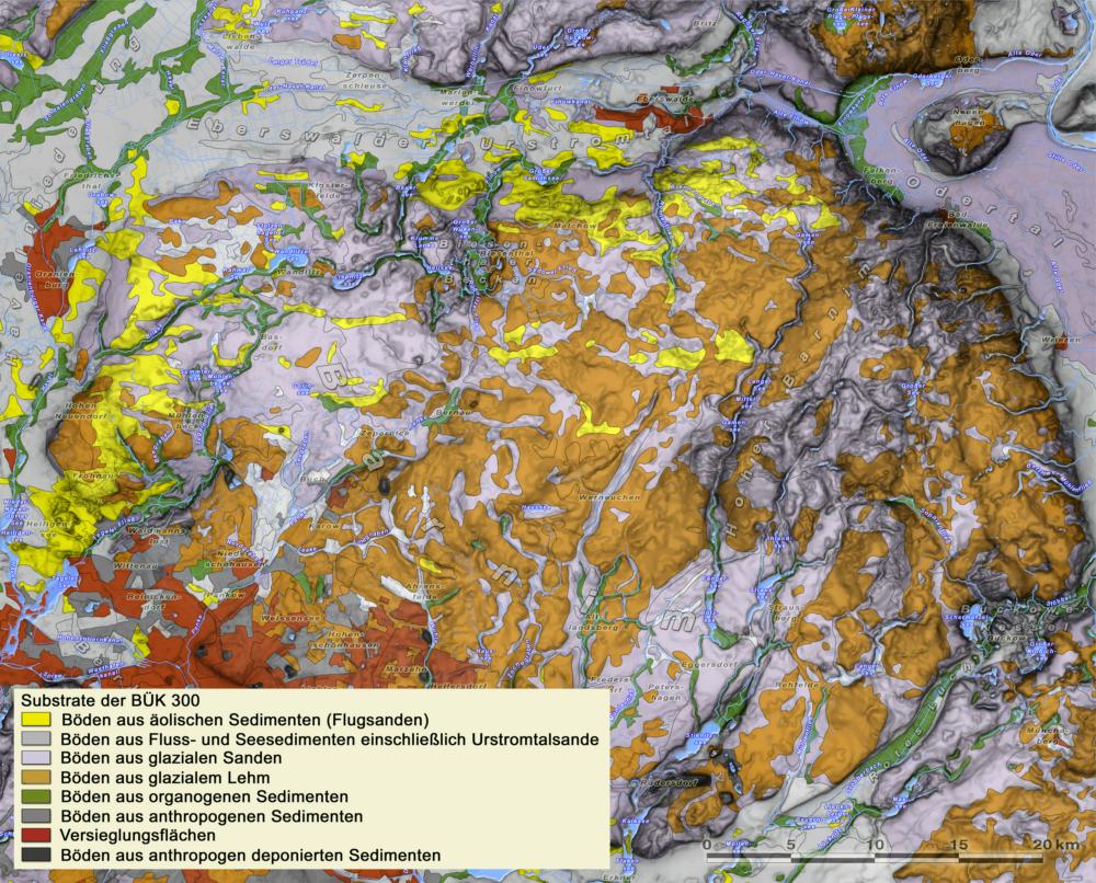 Abb. 4: Substrat (Quelle: Bodenübersichtskarte 1:300 000 – Landesamt für Bergbau, Geologie und Rohstoffe Brandenburg, Genehmigungsvermerk 177 / 98 – ZALF Müncheberg)
