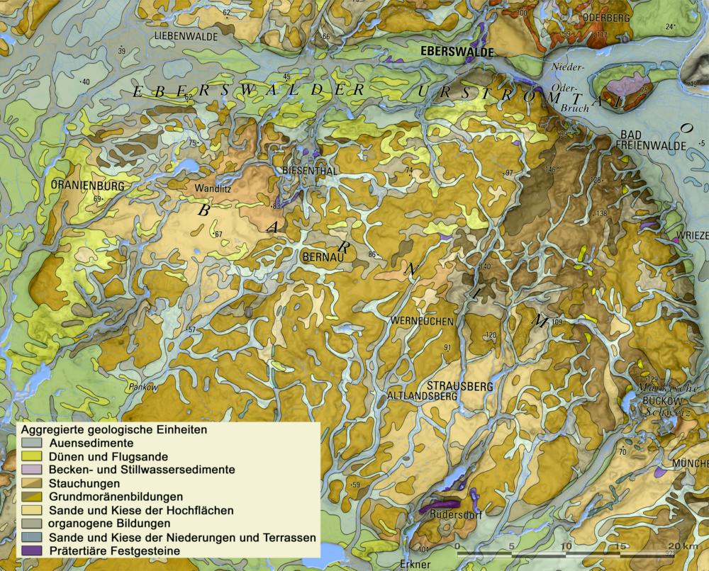 Abb. 3: Geologische Übersichtskarte aggregiert (Quelle: Landesamt für Bergbau, Geologie und Rohstoffe Brandenburg 1:300 000, aggregiert J. Thiere, Joachim Kiesel, Genehmigungsvermerk 177 / 98)