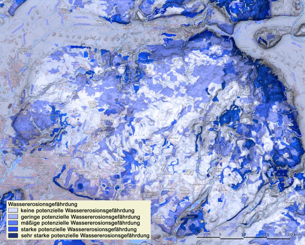 Abb. 9: Potenzielle Wassererosionsgefährdung (Quelle: Mittelmaßstäbliche Landwirtschaftliche Standortkartierung 1974–1983 – ZALF Müncheberg, extrapoliert auf Nicht-MMK-Flächen – Joachim  Kiesel – ZALF Müncheberg)