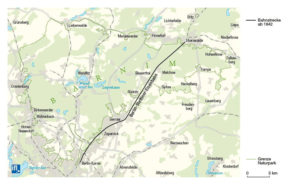 Abb. 1: Entwicklung des Schienennetzes im Naturpark Barnim 1842 bis 2017 (Zur Einzelansicht bitte klicken)