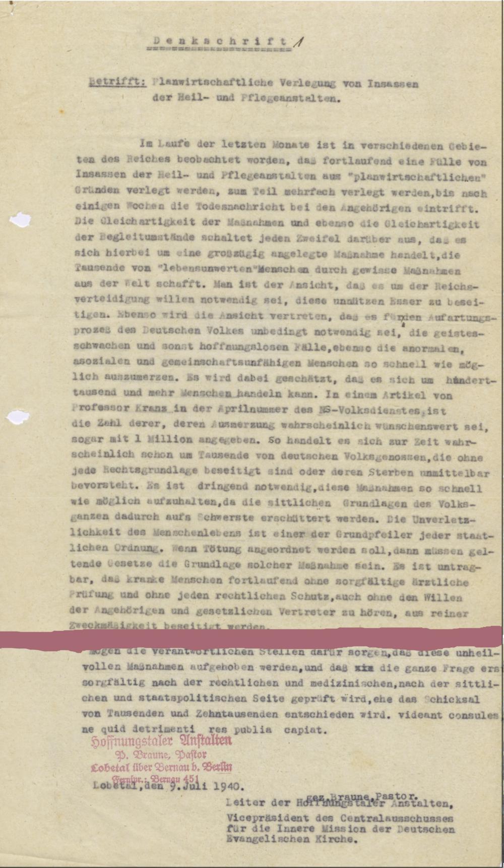 Abb. 15: Auszug aus Braunes Denkschrift gegen die Euthanasie (1940)